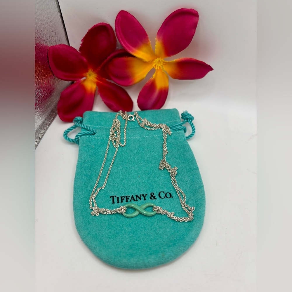 Tiffany & Co. Somerset Blue Enamel Infinity  Necklace Double Chain - Picture 2 of 12